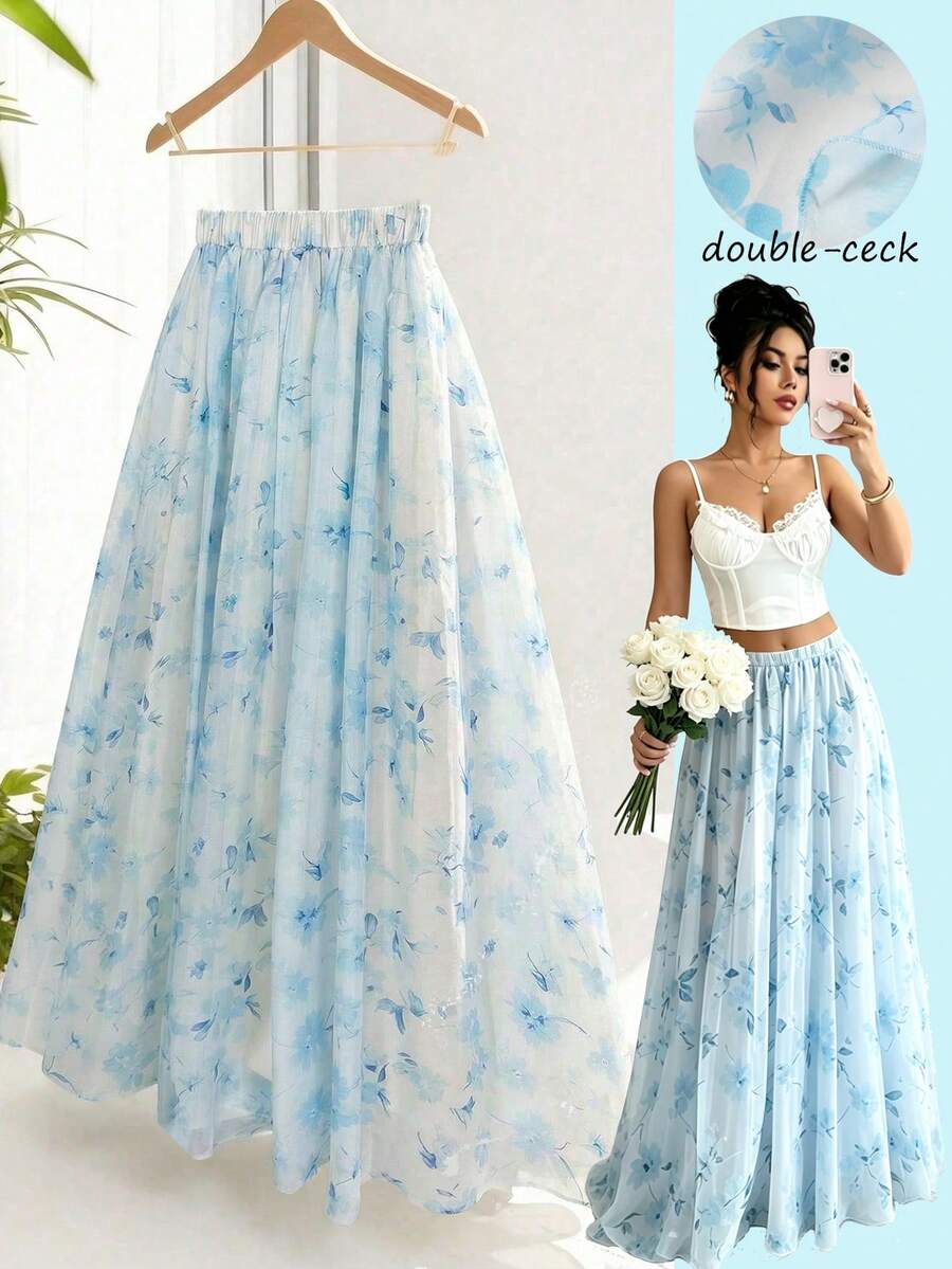 GlowEve Rok A-Line Elegan Serbaguna Berlapis Chiffon Motif Bunga Kuning, Cocok untuk Liburan dan Perjalanan Sehari-hari - Biru - View 1