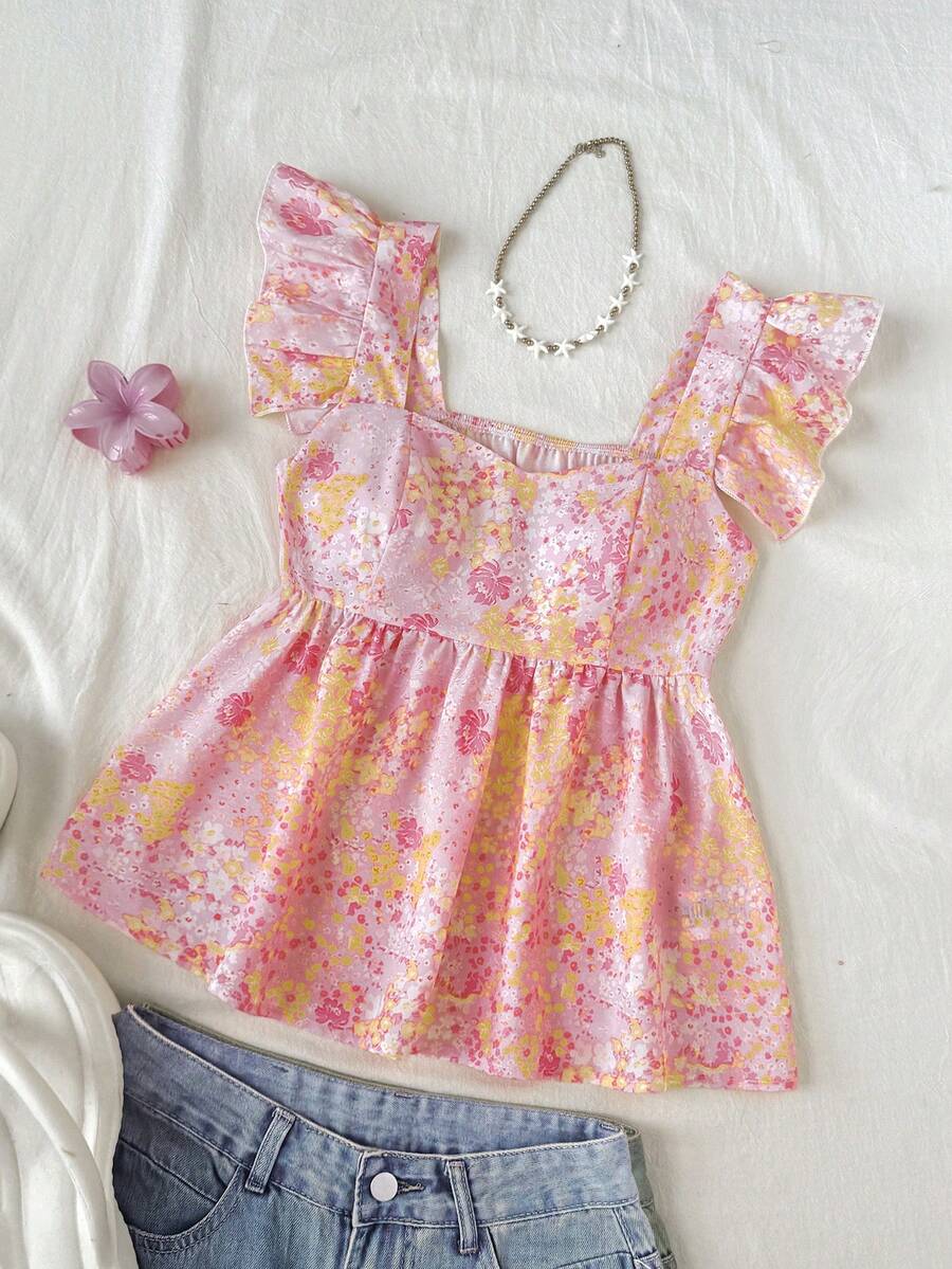 SHEIN 青少年女孩度假風花卉印花甜心領荷葉袖上衣 - 粉色 - 查看 1