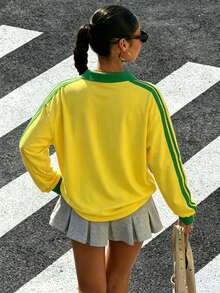 Muchica 世界盃女款秋冬休閒運動街頭風綠黃配色 Polo 衫，對比色領口與袖口，適合夜間旅行 - 彩色 - 查看 2