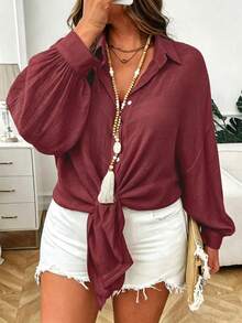 INAWLY Plus Size Women Fashion Casual Solid Color Button Down Long Sleeve Shirt Fall - Burgundy - View 7