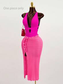 Sirith Summer Beach Open Back Self Tie One Piece Swimsuit - Hot Pink - View 5