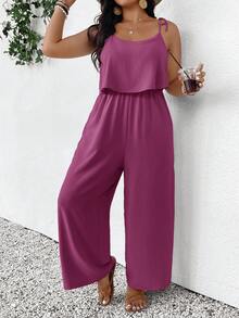 SHEIN Frenchy Đồ liền thân dây mảnh màu trơn họa tiết vân, phong cách thường ngày đi nghỉ mát, size lớn - Màu tím - Xem 1