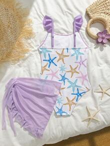 SHEIN Tween Girls' One-Piece Swimsuit, Cute Multi-Color (Pink, Purple, Blue, Yellow) Star Print Knit Fabric, Spaghetti Straps, Solid Purple Ruffle Hem, Regular Fit, Tie Side Skirt, Suitable For Swimming, Summer Vacation, Beach, Pool, Holiday Party - Purple - View 2