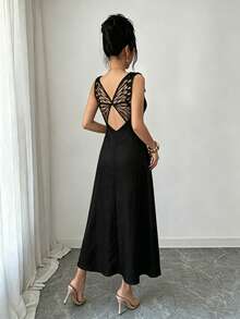 Elenzga Vestido elegante y versátil de unicolor con decoración de mariposa en la espalda, sexy para mujer - Negro - Ver 2