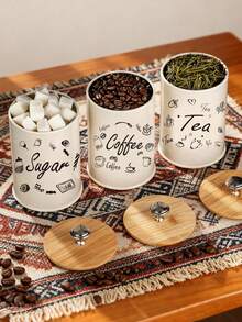 This 3 Pieces Set Of Iron Coffee Storage Containers, Tea And Coffee Bean Storage Containers, Kitchen Food Seasoning Storage Boxes/Jars, With Airtight Lids, Moisture-Proof, Suitable For Storing Coffee Beans, Tea, Salt, Sugar And Grains In The Kitchen. - Apricot - View 2