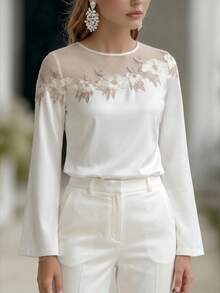Editum Blusa de estilo francés con cuello redondo, bordada y transparente para mujer - Blanco - Ver 3