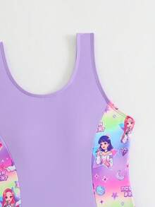 SHEIN Baju Renang Terusan dan Celana Pendek Motif Kartun Huruf untuk Anak Perempuan Remaja, Cocok untuk Liburan Pantai, Pesta Kolam Renang, dan Acara Pantai. - Purple - View 3