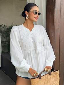 Dazy Plus Patchwork Embroidered Ruffle Hem Loose Round Neck Lantern Sleeve Casual Vacation Summer Top, Plus Size White Long Sleeve Blouse For Spring & Summer - White - View 2