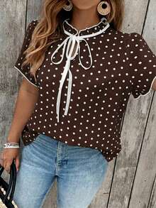 SHEIN Clasi Plus Size Women Polka Dot Pattern Tie Neck Short Sleeve Blouse - Coffee Brown - View 3