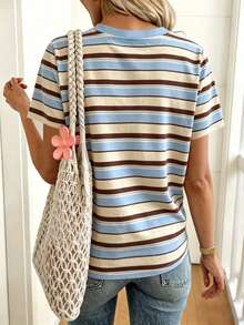 EMERY ROSE Women's T-Shirt Striped Round Neck Casual Short Sleeved T-Shirt, Summer - Multicolor - View 2