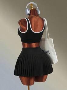 Amplova Solid Color Knit Pleated Sports Skirt/Shorts - Black - View 3