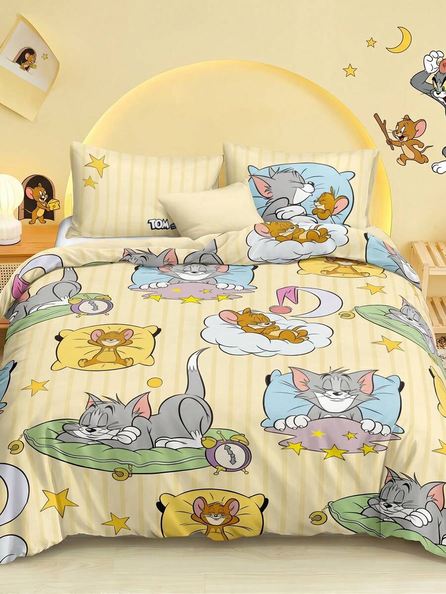 TOM & JERRY X SHEIN Bộ 3 món vỏ chăn in hoạt hình hoạt hình màu vàng, chất liệu nhám, mềm và ấm, nhiều kích cỡ, phù hợp cho giường đơn/giường đôi/giường Queen/giường King, có thể giặt bằng máy - Nhiều màu 1 - Xem 1
