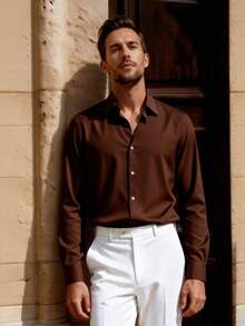 Officeau Men's Dress Shirt Long Sleeve Button Up Shirt Solid Brown Shirt For Wedding Office Work Formal Party Old Money Style Gift For Father Boyfriend, Minimalist Shirts, For Fall, Men's Dress Shirt Spring To Summer - Coffee Brown - View 11