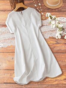SHEIN Franclia 女士白色空心花邊插入褶皺麻質H型連身裙，採用垂墜肩袖設計 - 白色 - 查看 2