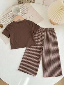 SHEIN Baby Girl Knitted Cartoon Round Neck Short Sleeve Top And Striped Wide Leg Long Pants 2 Pieces Set - Brown - View 2