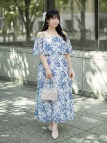 Bijouette Plus Size Women's Floral Print Ruffle Ruffle Adjustable Strap A-Line Dress Suitable For Dates Evening Wedding Blue And White Summer Elegant - Blue and White - View 9