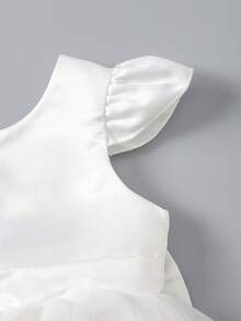 SHEIN Glamorique Kids 女童正式禮服，花童白色薄紗洋裝，大蝴蝶結背部設計，刺繡蕾絲，荷葉袖，生日派對、婚禮節日正式禮服、舞會禮服、畢業禮服、夏季洋裝 - 白色 - 查看 7