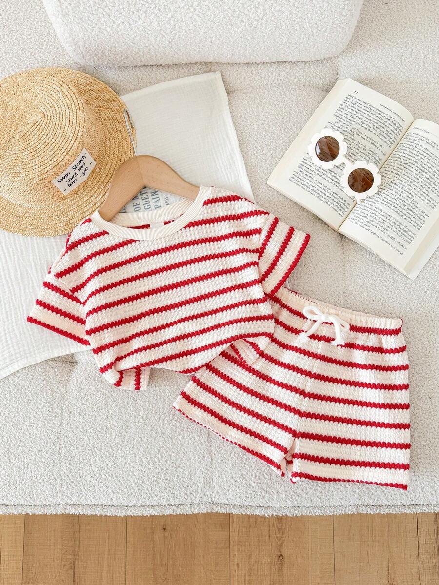 LMoss Kids 2pcs Baby Girl Knitted Striped Round Neck T-Shirt And Shorts Set - Red and White - View 1