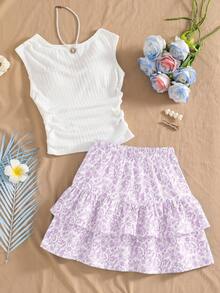 Bộ đồ 2 mảnh mới cho bé gái tuổi teen với áo gile dệt jacquard co giãn thoải mái, cổ tròn màu xanh phong cách thời trang, thường ngày và đi chơi, kết hợp cùng chân váy xếp tầng bánh kem đồng màu. Phần eo và gấu áo gile nhún tạo nên vẻ ngoài thanh lịch tổng thể. Bộ đồ chất lượng cao này hoàn hảo để mặc hàng ngày, bao gồm đi nghỉ, du lịch và tiệc tùng, lý tưởng cho mùa xuân và mùa hè. - Nhiều màu - Xem 1