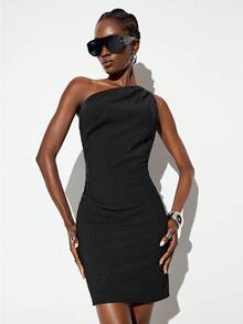 Aveloria GENKIRA Robe courte élégante à rayures, sexy, épaules dénudées, asymétrique, sans manches, froncée et taille cintrée - Gris foncé - Voir 5