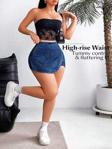 Sunnyshic Plus Size Women's Asymmetric Hem High Waist Fashion Denim Skort - Blue - View 5
