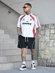 Devon Thys Herren Sommer Lässig Kontrast Farbe Buchstaben Muster Kurzarm Poloshirt - Weiss - Übersicht 6
