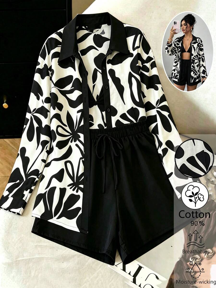 Selianne 夏季优雅简约高端亚麻印花衬衫+黑色吊带短裤套装,经典百搭装扮 - 黑色 - 查看 1