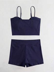 SHEIN Swim 女款純色度假繫帶抓皺背心與短褲泳裝兩件套 海灘深藍色夏季性感 - 藏蓝色 - 查看 3