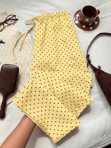 SHEIN PETITE CURVE 大尺碼女款圓點印花腰綁帶寬腿長褲 - 黃色 - 查看 4