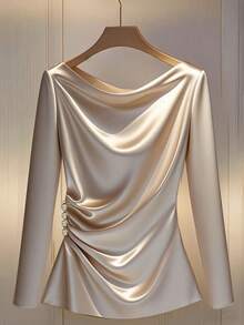 Franclia Elegant Crepe Draped Collar Side Ruffle Decor Button Long Sleeve Women T-Shirt Fall Cloth For Women - Apricot - View 1