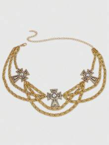 ROMWE Goth 1-Pack Ladies Gold Embossed Chain Rhinestone Cross Decoration Street Style Diablo Waist Chain Halloween Accessories Daily Versatile - Gold Diamond Cross Waist Chain - View 8