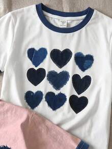 SHEIN Young Girl Knitted Heart Pattern Crew Neck Casual T-Shirt - White - View 6