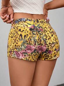 Jeanoix Plus Size Fashionable Casual Sexy Printed Y2K Style Fitted Denim Shorts Holiday Yellow Summer - Yellow - View 2