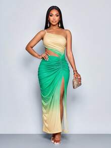 SOLERSUN One-Shoulder Gradient Pleated Cutout Dress With High Side Slit For Vacation Parties - Yellow - View 6