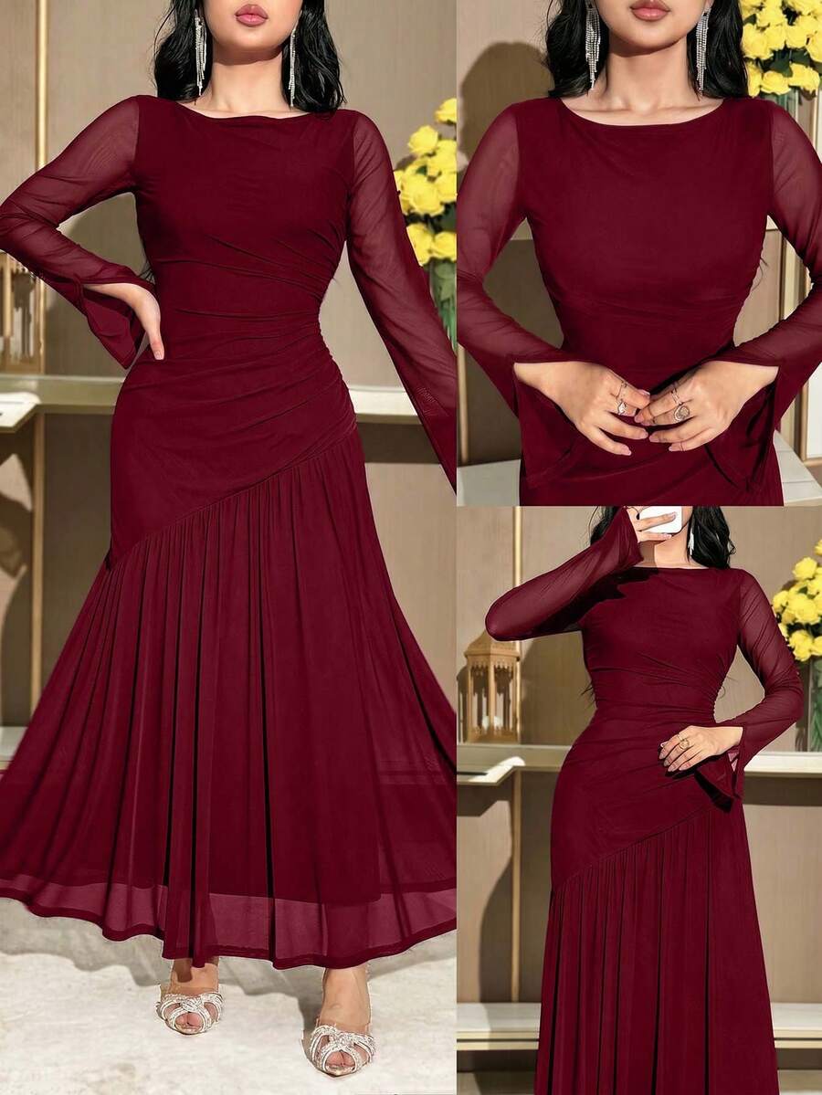 Feyla Gaun Wanita Warna Polos Leher Bulat Belahan Lengan Panjang Asimetris untuk Makan Malam dan Kencan, Warna Burgundy, Musim Gugur yang Elegan - Burgundy - View 1