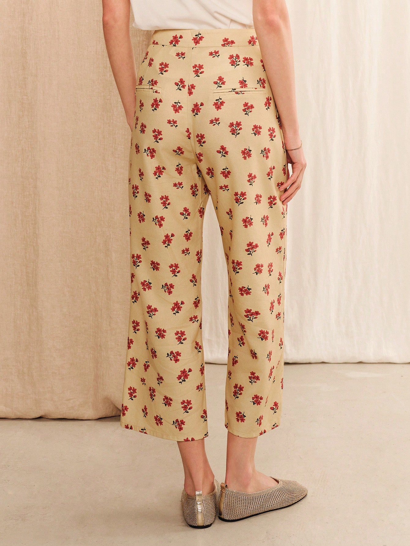Chic Beige Vintage Floral High-Waisted Pants Cute Summer Holiday Casual French Style Office Vintage