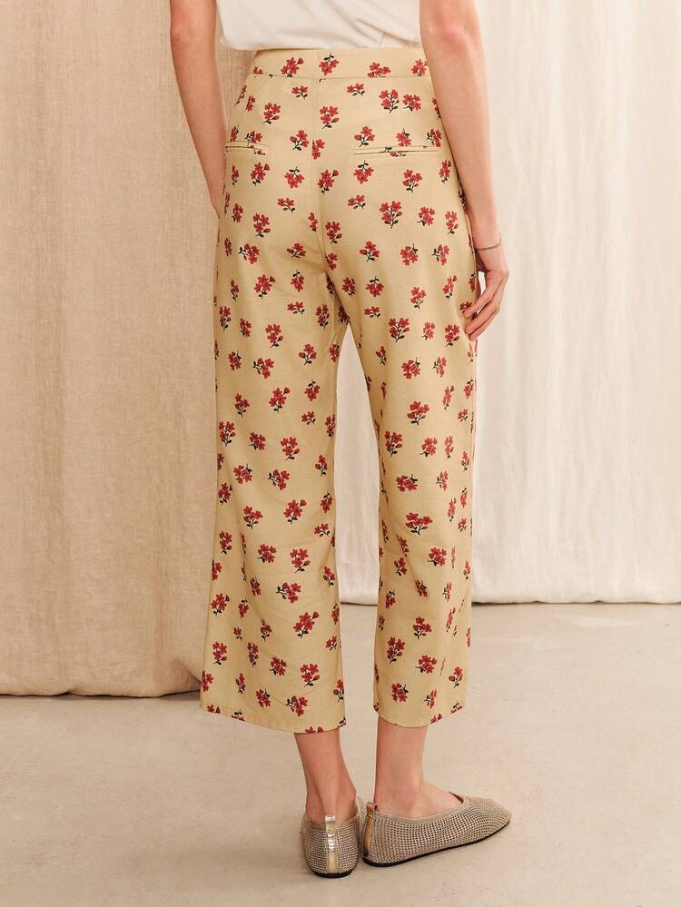 Chic Beige Vintage Floral High-Waisted Pants Cute Summer Holiday Casual French Style Office Vintage