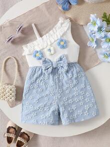 SHEIN Baby Girl Fashion Elegant Asymmetric Shoulder 3D Floral Bow Romper Summer - Blue - View 3