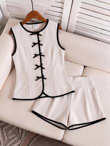 2pcs/Set Girls' Cute Greenandwhite Sleeveless Contrast Trim Open Front Vest Casual Shorts Set,3D Bow Faux Pearl Button Decor,Party Vacation Wear - Khaki - View 5
