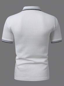 EGENSIO Kemeja Polo Pria Rajut Jacquard Warna Polos dengan Kerah & Manset Bertekstur dan Trim Bergaris serta Plaket Mutiara Hitam - Putih - View 2