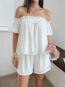 DAZY Conjunto de 2 piezas de blusa romántica con hombros descubiertos, volantes blancos y ribete de oreja de madera, corte holgado para mujer, primavera-verano - Blanco - Ver 5