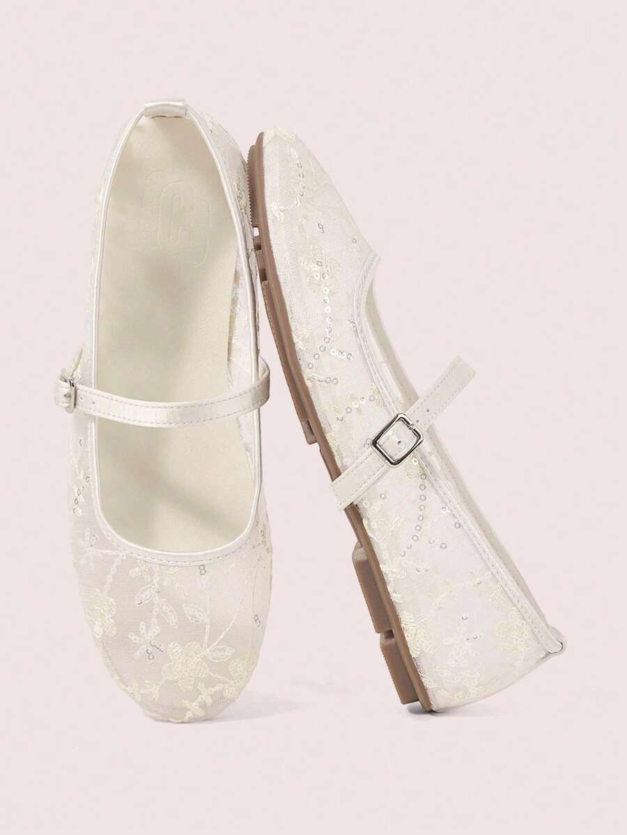 CUCCOO DOLLMOD Women's Shoes, Cute Round Toe Beige, Flower Sequin Embroidered Mesh Upper, Metal Buckle Strap Flats, Mary Jane - Osmanthus - Apricot - View 1