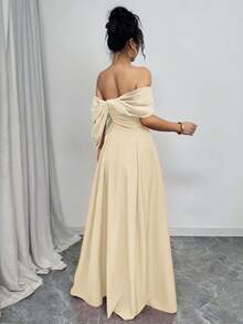 Rafferiza Women's Off Shoulder Ruched Neck Twist Waist Dress With Full Dress - Apricot - View 2