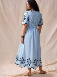 Nubod Women's Plus Size Blue Striped Long Dress, Round Neck, Half Sleeve, Placed Print, Cinched Waist, Large A-Line, Ruffle Hem, Exquisite Elegant, Suitable For Bestie Party, Afternoon Tea, Commute, Street, Daily Casual, Beach, Seaside Vacation, Blue Women's Plus Size Long Dress - Multicolor - View 2