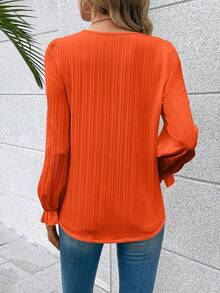 SHEIN 女款純色V領蕾絲拼接單排扣喇叭袖長袖襯衫 - 橘色 - 查看 2