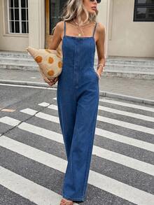 SHEIN Tall 女款雙肩帶牛仔寬腿吊帶褲，休閒夏季海灘度假優雅穿搭，純色連身褲，適合高個女性 - 中等水洗藍 - 查看 3