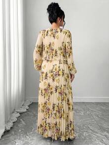 Elenzga Plus Size Spring/Summer Versatile Pleated Long Sleeve Woven Casual A-Line Dress Fall - Apricot - View 3