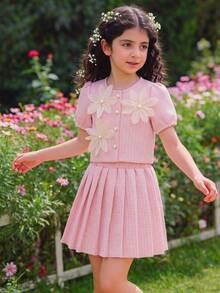SHEIN Elladie kids 两件套少女休闲优雅黄色提花针织上衣搭配白色亮面提花珍珠纽扣开衫和百褶裙套装，适合外出穿着。 - 粉色 - 查看 4