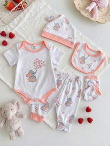 SHEIN Playful Pals 5件組新生兒男嬰女嬰粉色&白色大象愛心印花連身衣 + 彈性腰圍滿版印花長褲 + 帽子手套圍兜休閒舒適純棉柔軟套裝，適合夏季外出或居家穿著 - 淺粉色 - 查看 3
