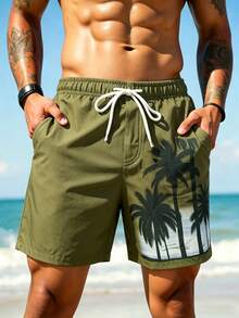 Surfspeed Plus Size Men's Palm Tree Print Drawstring Waist Beach Shorts Holiday / Vacation / Beach / Hawaii / Tropical / Swim /  Bathing - Army Green - View 5